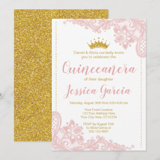 Blush Lace und Glitzer Gold Prinzessin Quinceñera Einladung