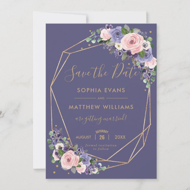 Blush Lavender Floral Gold Geometric Save the Date Einladung (Vorderseite)