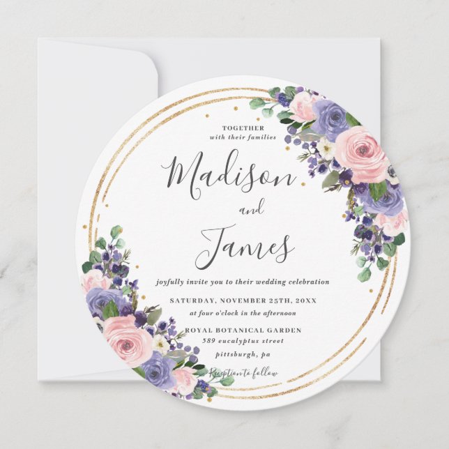 Blush Lavender Floral Wedding Gold Glitzer Circle Einladung (Vorderseite)