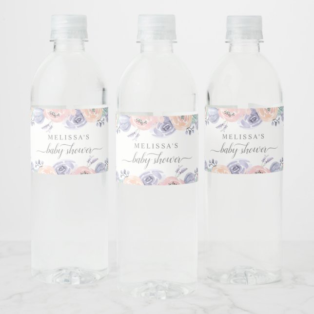 Blush Lavender Watercolor Floral Girl Babydusche Wasserflaschenetikett (Flaschen)