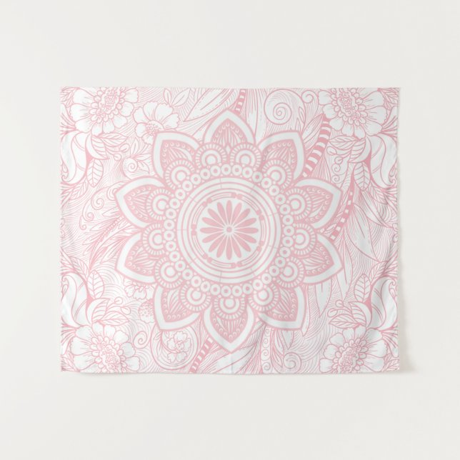 Blush Light Pink Mandala mit floralem Muster Wandteppich (Vorderseite (Horizontal))