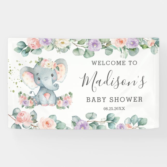 Blush Lila Floral Elephant Babydusche Willkommen Banner (Horizontal)