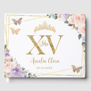 Blush Lila Lilac Floral Gold Quinceañera XV Gästebuch