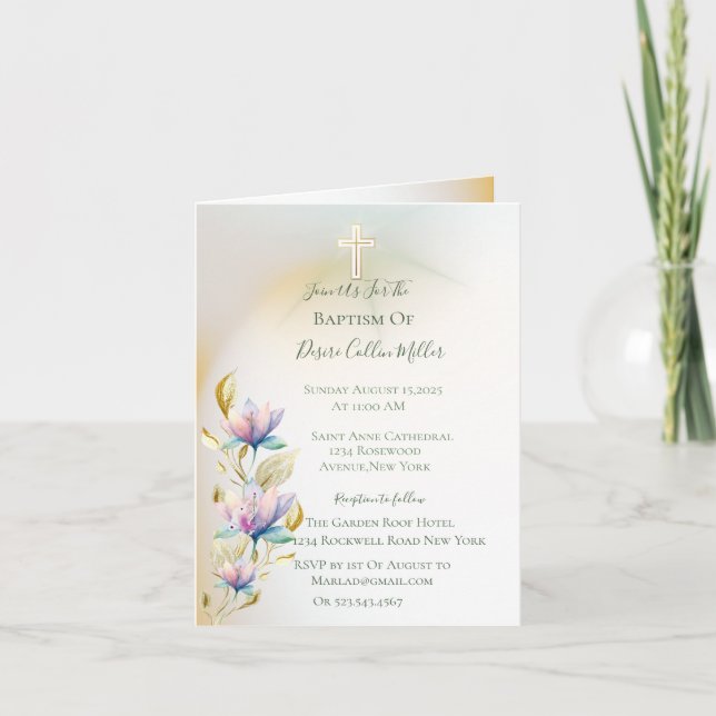 Blush & Lilac Bloral, Gold Cross Taufen Einladung (Vorderseite)