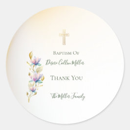 Blush & Lilac Floral, Gold Cross Taufen Aufkleber