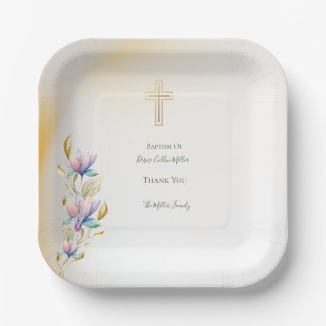Blush & Lilac Floral, Gold Cross Taufen Teller (Vorderseite)