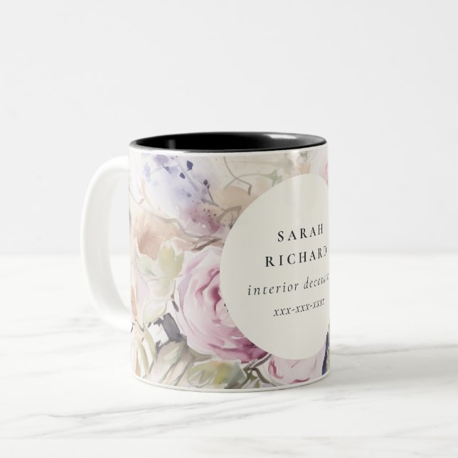 Blush Lilac Wasserfarbe Rose Blumenstrauß Business Zweifarbige Tasse (Vorderseite Links)