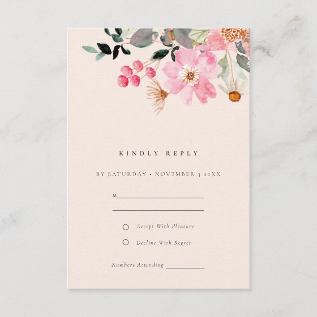 Blush Lively Pink Watercolor Floral Wedding RSVP Begleitkarte (Vorderseite)