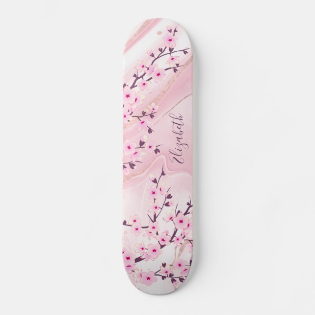 Blush Marble Cherry Blossom Monogram Girl Skateboard (Vorderseite)
