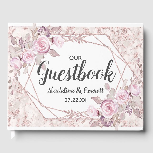 Blush Marble Geometric Floral Wedding Monogram Gästebuch (Vorderseite)