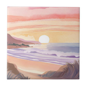 Blush Meer Sonnenuntergang   Strand Aquarellmalere Fliese