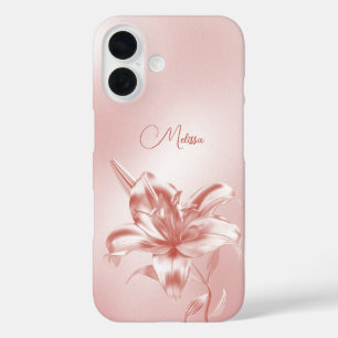 Blush Metallic 3D-Lilienblume iPhone 16 Hülle