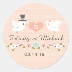 BLUSH MIT MONOGRAMM DOVE LIEBE VÖGEL WEDD RUNDER AUFKLEBER
