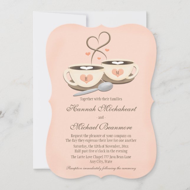 Blush Mit Monogramm Heart Two Coffee Cups Hochzeit Einladung (Vorderseite)
