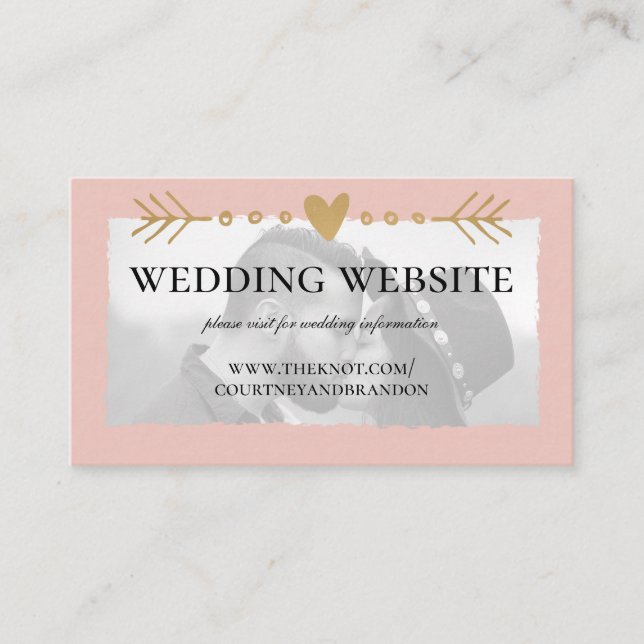 Blush Modern Foto Gold Heart Wedding Website Begleitkarte (Vorderseite)