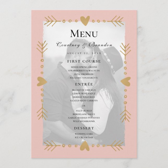 Blush Modern Foto Gold Hearts Wedding Menu Menükarte (Vorderseite)