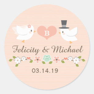 BLUSH MONOGRAM DOVE LIEBE VÖGEL WEDD RUNDER AUFKLEBER