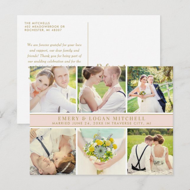Blush Monogram Wedding Foto Collage Danke Postkarte (Vorne/Hinten)