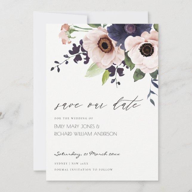 Blush Navy Anemone Bloral Save the Date Card Dankeskarte (Vorderseite)