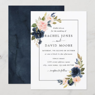 Blush Navy Bloral Blues Hochzeit Einladung