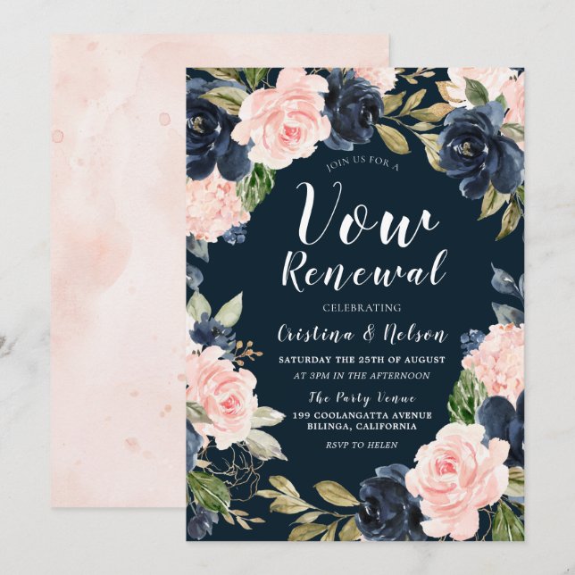 Blush Navy Bloral Wreath Vow Renewal Einladung (Vorne/Hinten)