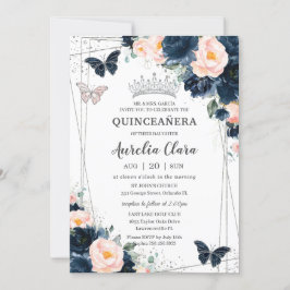 Blush Navy Blue Floral Butterfliegen Quinceañera Einladung
