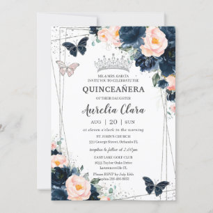 Blush Navy Blue Floral Butterfliegen Quinceañera Einladung