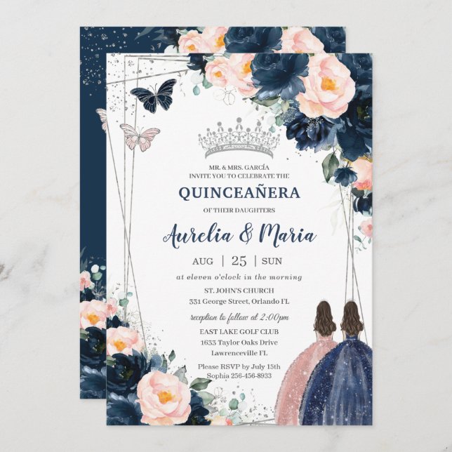 Blush Navy Blue Floral Silver Twins Quinceañera Einladung (Vorne/Hinten)