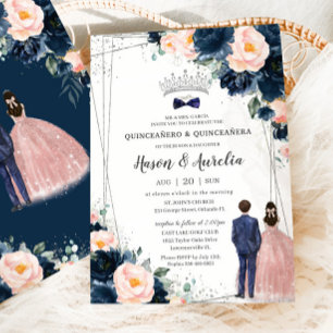 Blush Navy Blue Floral Twins Boy Girl Quinceañera Einladung