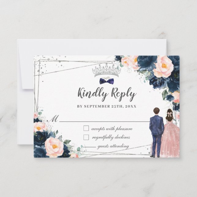 Blush Navy Blue Floral Twins Boy Girl Quinceañera RSVP Karte (Vorderseite)