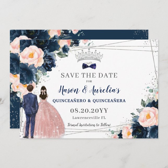 Blush Navy Blue Floral Twins Boy Girl Quinceañera Save The Date (Vorne/Hinten)