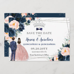 Blush Navy Blue Floral Twins Boy Girl Quinceañera Save The Date