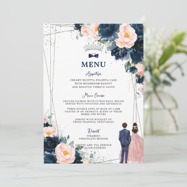 Blush Navy Blue Floral Twins Quinceañera Menü Programm (Stehend Vorderseite)