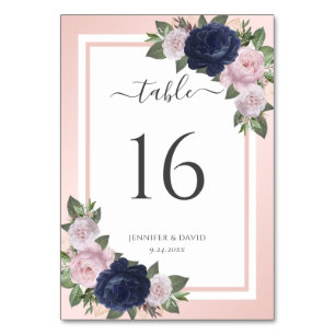 Blush Navy Blue Floral Wedding Tischnummer