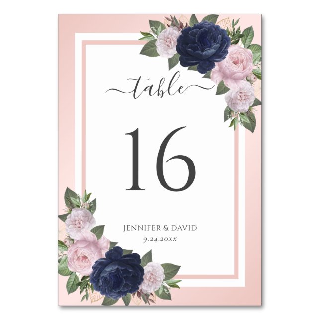 Blush Navy Blue Floral Wedding Tischnummer (Vorderseite)