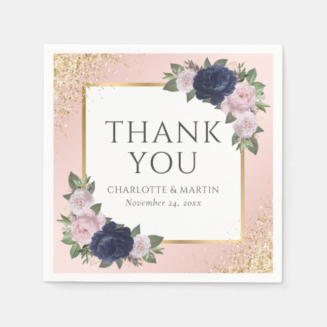 Blush Navy Blue Gold Floral Wedding Serviette (Vorderseite)
