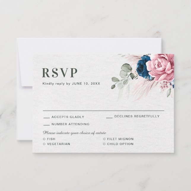 Blush Navy Blue Soft Pastel Pink Blues Hochzeit RSVP Karte (Vorderseite)