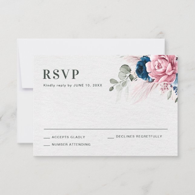 Blush Navy Blue Soft Pastel Pink Blues Hochzeit RSVP Karte (Vorderseite)