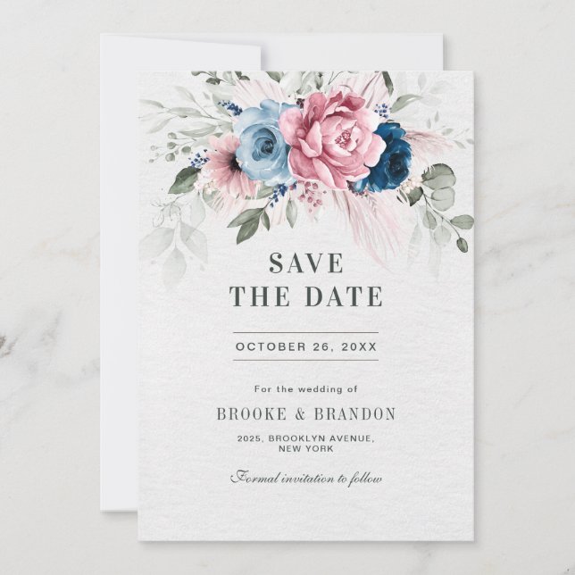 Blush Navy Blue Soft Pastel Pink Blues Hochzeit Save The Date (Vorderseite)