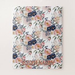 Blush Navy Blue Soft Pastel Pink Floral Puzzle
