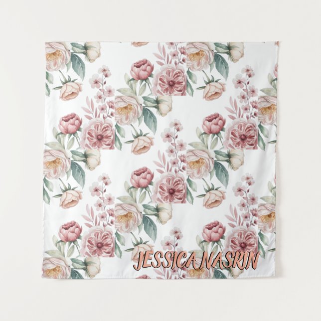 Blush Navy Blue Soft Pastel Pink Floral Wandteppich (Vorderseite)