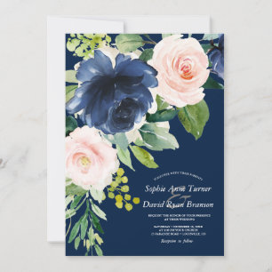 Blush Navy Blue Watercolor Blume Gold Wedding Einladung