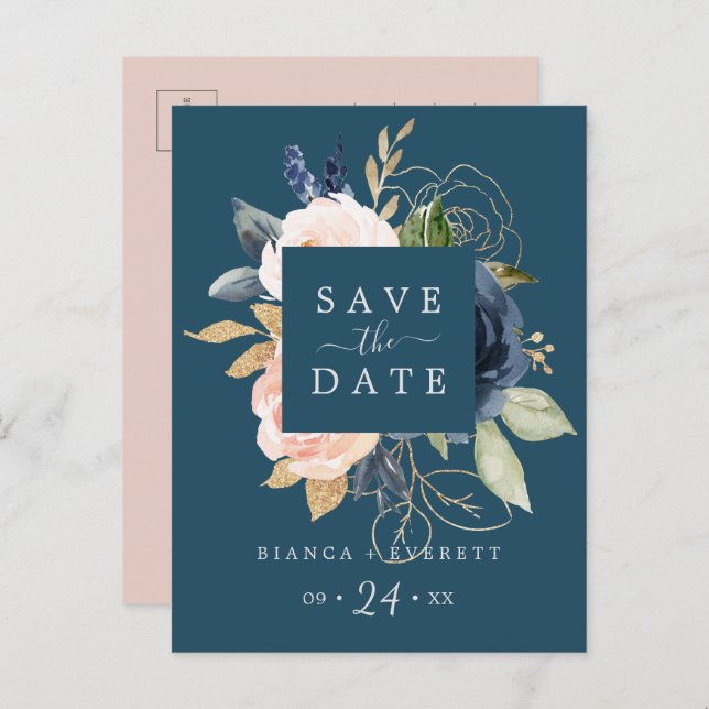 Blush & Navy Blume Blau Save the Date Postkarte (Vorne/Hinten)