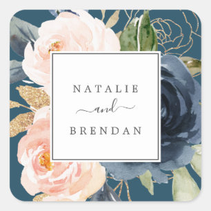 Blush & Navy Blume Blue Wedding Umschlag Aufkleber