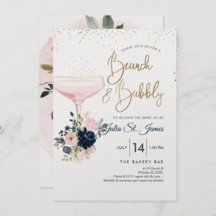 Blush+Navy Blume Brunch Bubbly Pink Champagne Einladung