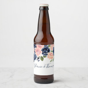 Blush & Navy Blume Hochzeitsfeier Bierflaschenetikett