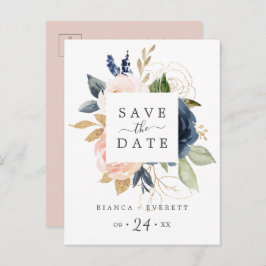 Blush & Navy Blume Weiß Save the Date Postkarte