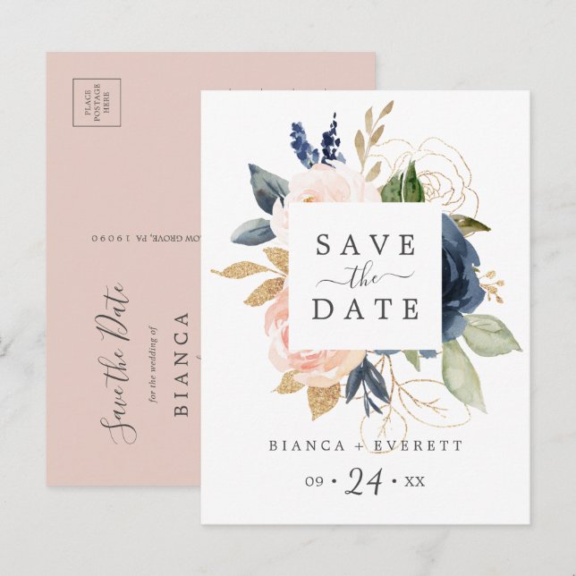 Blush & Navy Blume Weiß Save the Date Postkarte (Vorne/Hinten)