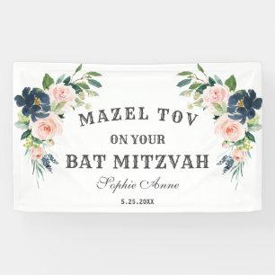 Blush Navy Blumen Bat Mitzvah Begrüßungszeichen Banner