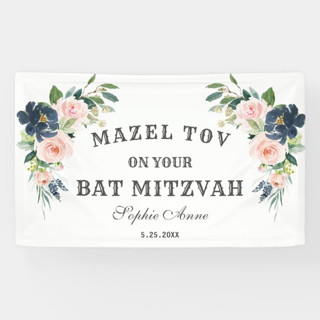 Blush Navy Blumen Bat Mitzvah Begrüßungszeichen Banner (Horizontal)